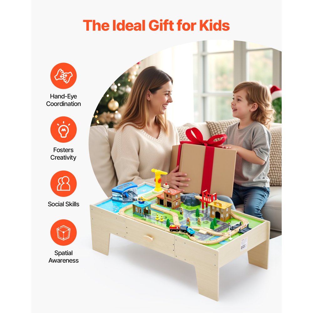 VEVOR Houten Activiteitentafel, 62-delige Kindertafel met Grote Lade, 3-in-1 Treinset om mee te Spelen, Schilderen, Lezen, Eten, Creatieve Speelgoedset voor Kinderen vanaf 3 Jaar