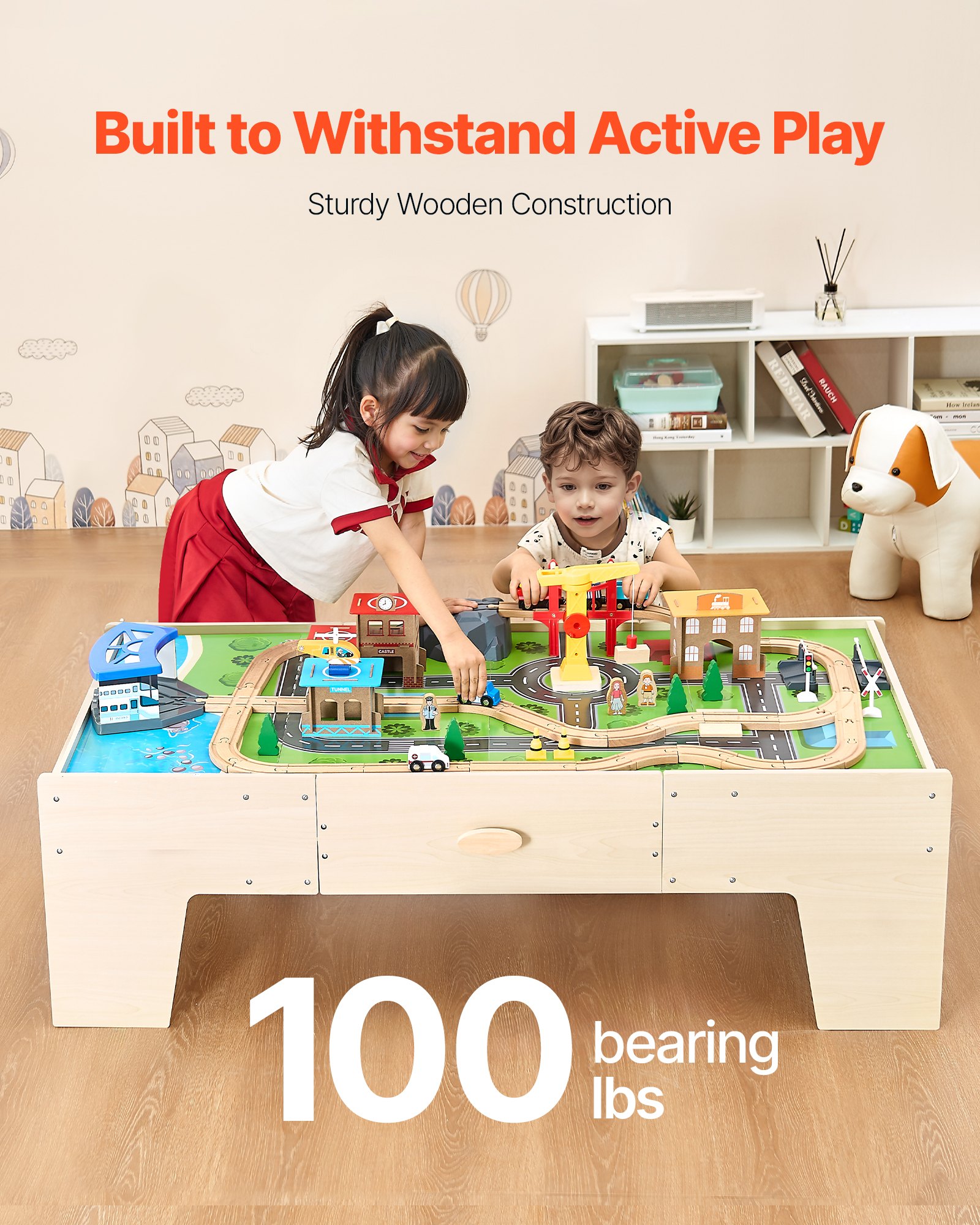 VEVOR Houten Activiteitentafel, 62-delige Kindertafel met Grote Lade, 3-in-1 Treinset om mee te Spelen, Schilderen, Lezen, Eten, Creatieve Speelgoedset voor Kinderen vanaf 3 Jaar