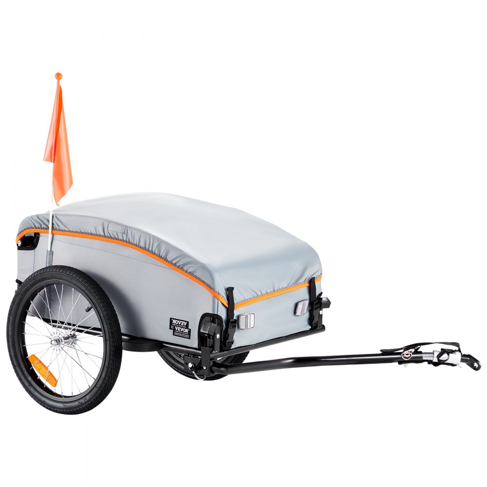 VEVOR bike cargo trailer with orange trim, detachable cover, black frame, and safety flag.