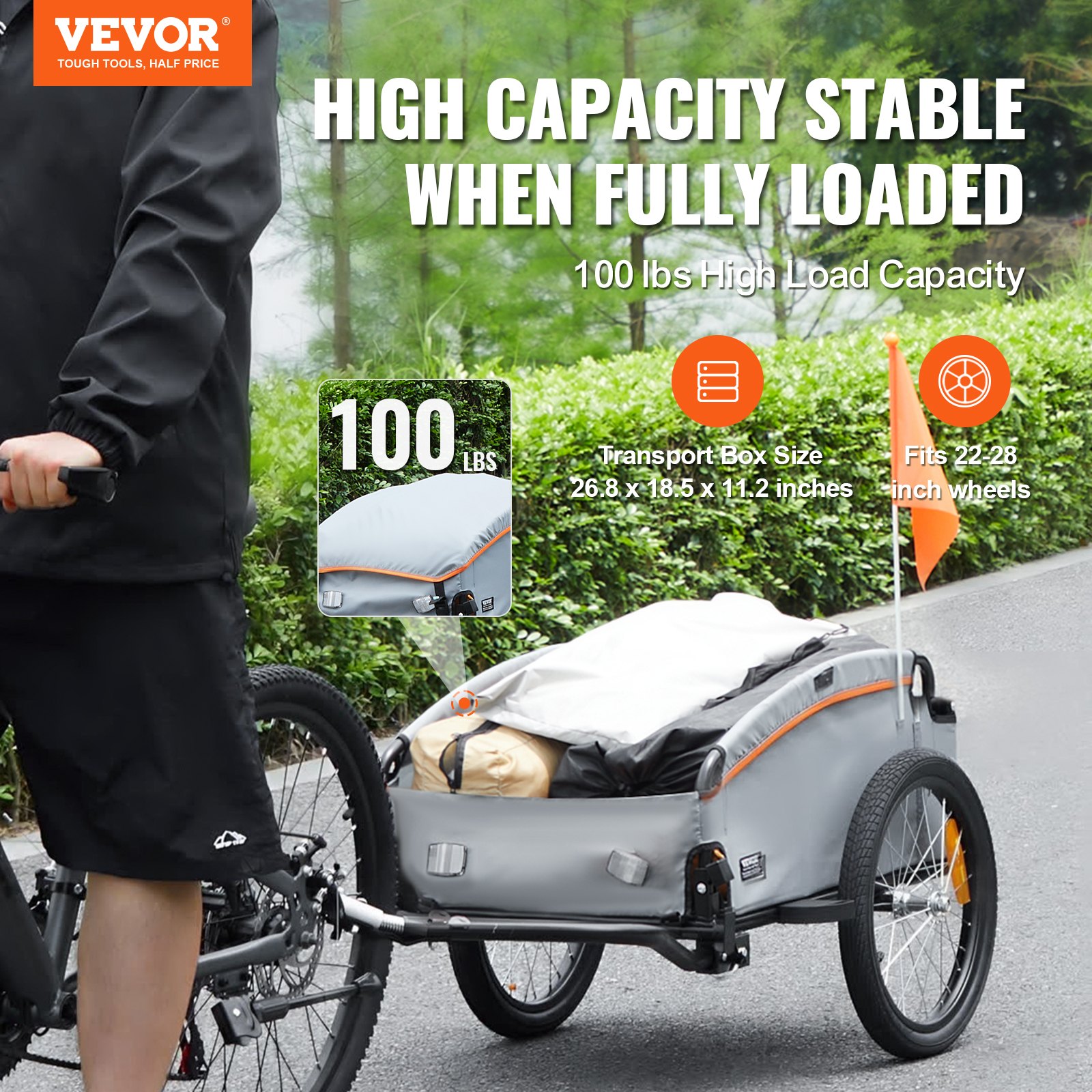VEVOR Fietskar 45 kg, Vrachtkar 1350 x 630 x 525 mm, Transportkar, Opvouwbare Fietskar Compacte Opbergruimte met Universele Koppeling, voor Boodschappen, Kamperen & Picknicken
