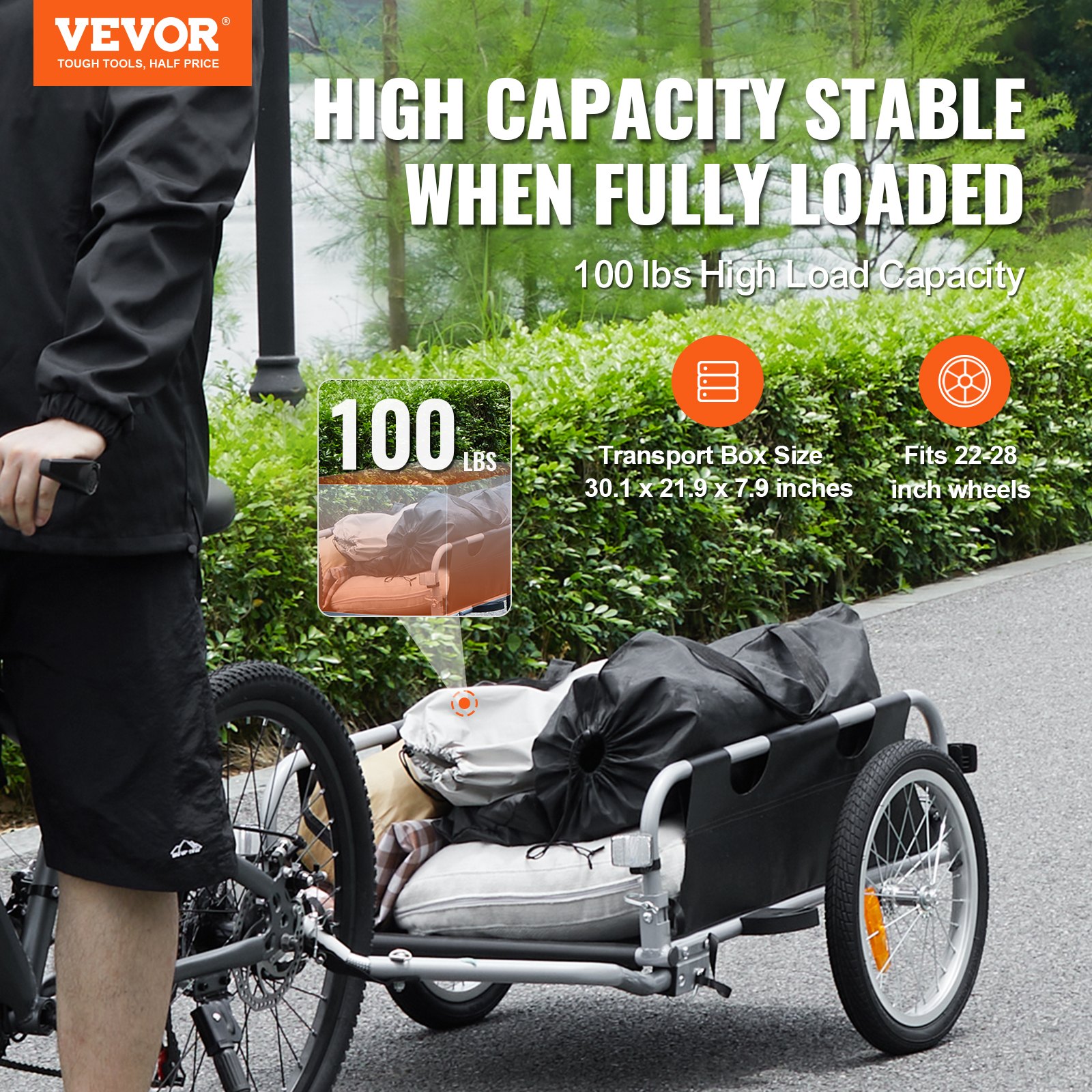 VEVOR Fietskar, 45 kg laadvermogen, transportkar, opvouwbaar en opbergbaar, snelspanner met universele koppeling, 41 cm wielen, veilige reflectoren, geschikt voor fietswielen van 558,8-711,2 mm