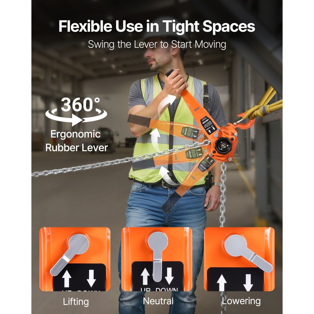 VEVOR Hendeltakel, 1,5 ton capaciteit, handkettingtakel, 6 m slag, G80 gelegeerd stalen ketting met mechanische dubbele palrem, takel met 360° draaibare haken, voor magazijn, bouw, garage