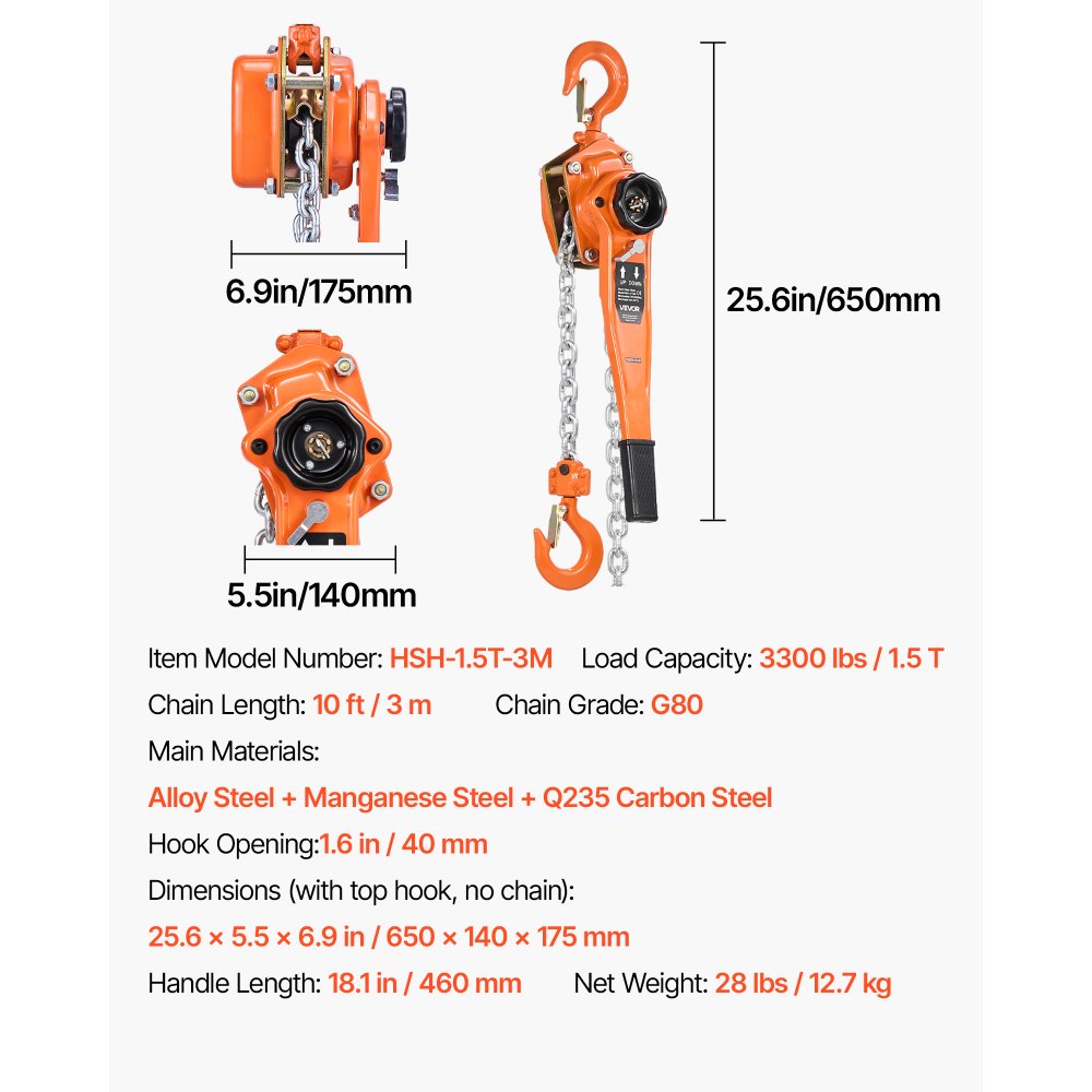 VEVOR Manual Lever Chain Hoist, 1-1/2T 1500KG Capacity Heavy Duty Come Along, 3M Lift G80 Alloy Steel Chain With Dual Pawl Mechanical Brake, 360° Rotating Hooks, for Warehouse Construction Garage