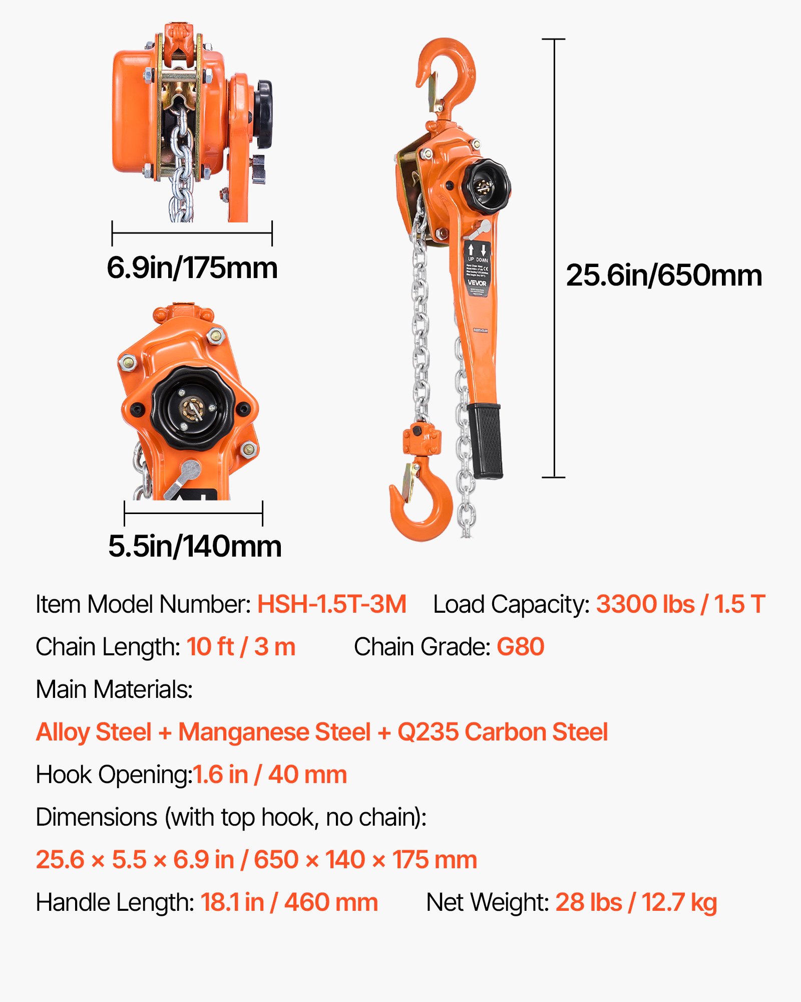 VEVOR Manual Lever Chain Hoist, 1-1/2T 1500KG Capacity Heavy Duty Come Along, 3M Lift G80 Alloy Steel Chain With Dual Pawl Mechanical Brake, 360° Rotating Hooks, for Warehouse Construction Garage