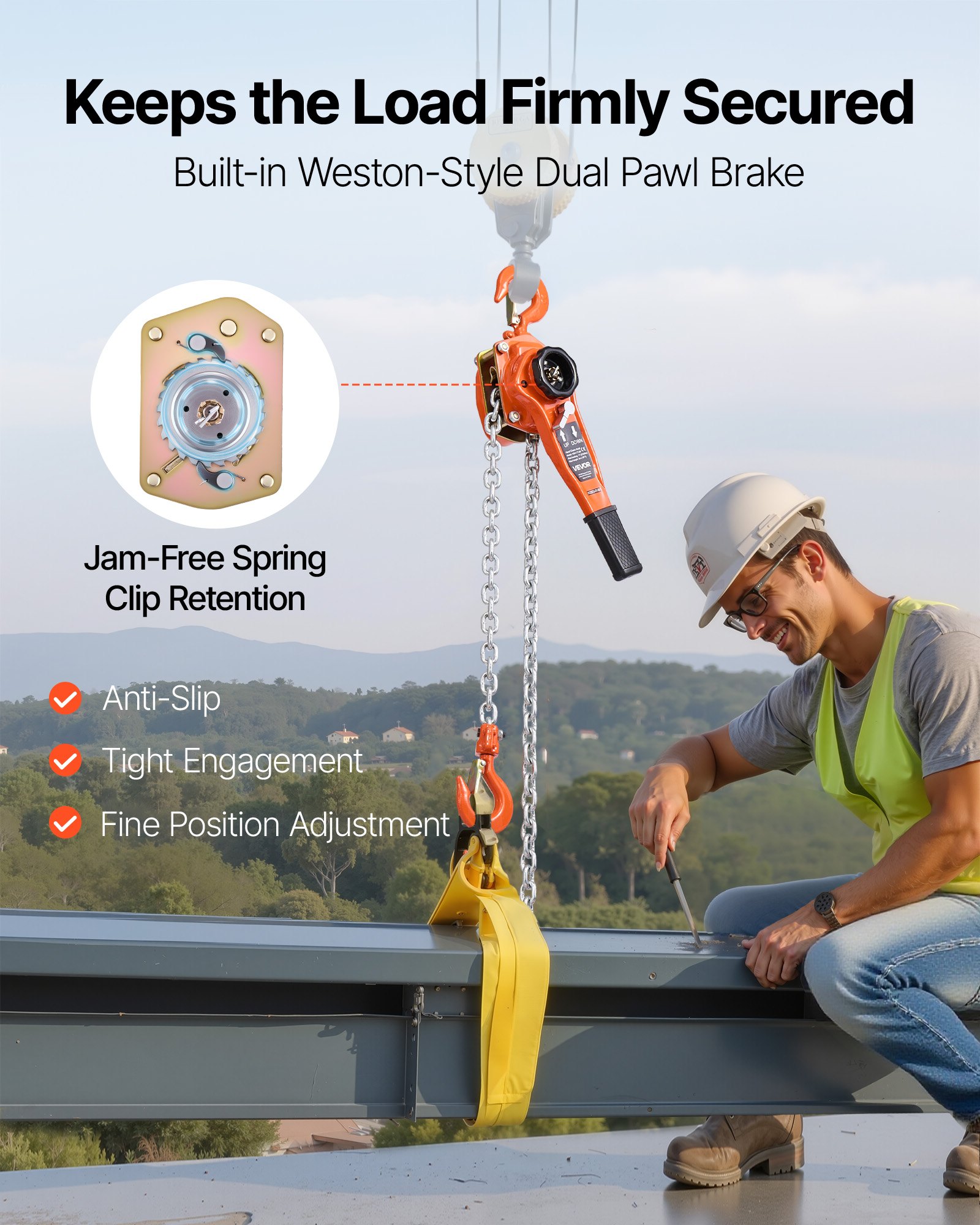 VEVOR Hefboomtakel, capaciteit 1 ton, handkettingtakel, hefvermogen 3 m, G80-gelegeerd stalen ketting met mechanische dubbele palrem, rateltakel met 360° draaibare haken, takel voor magazijn, bouw en garage