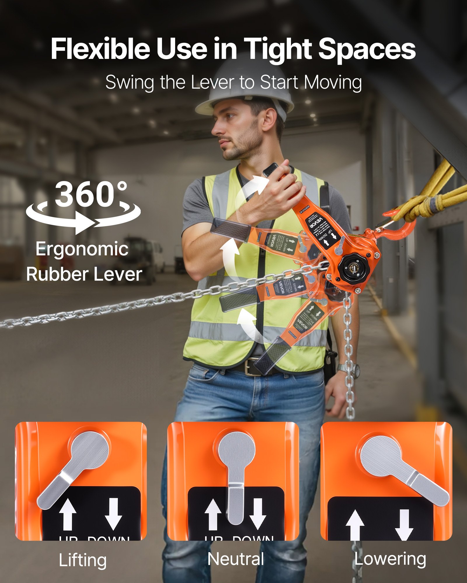 VEVOR Hefboomtakel, capaciteit 1 ton, handkettingtakel, hefvermogen 3 m, G80-gelegeerd stalen ketting met mechanische dubbele palrem, rateltakel met 360° draaibare haken, takel voor magazijn, bouw en garage