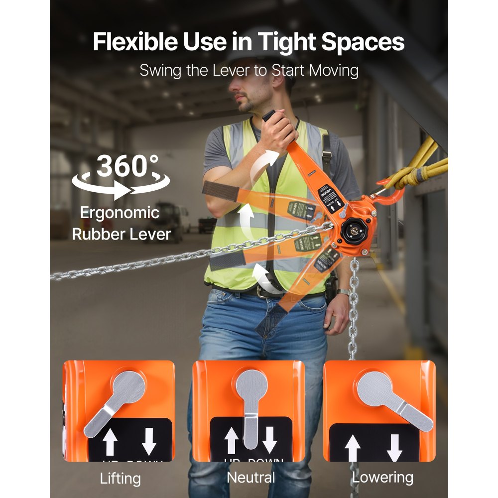 VEVOR Hefboomtakel, capaciteit 3 ​​ton, handkettingtakel, 3 m hefvermogen, takel van G80 gelegeerd staal met mechanische dubbele palrem, 360° draaibare haken, rateltakel voor magazijn, bouw en garage