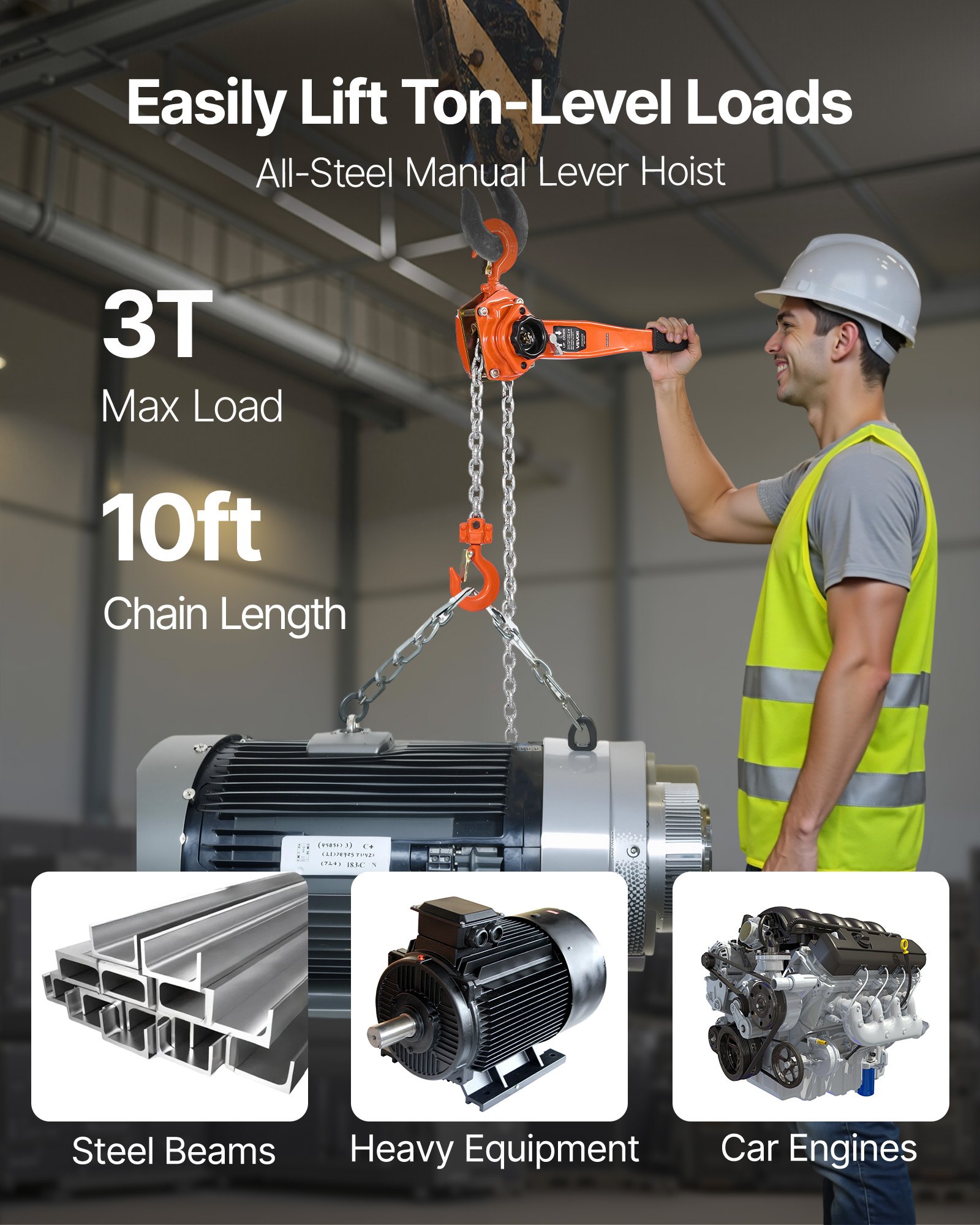VEVOR Manual Lever Chain Hoist, 3T 3000KG Capacity Heavy Duty Come Along, 3M Lift G80 Alloy Steel Chain With Dual Pawl Mechanical Brake, 360° Rotating Hooks, for Warehouse Construction Garage