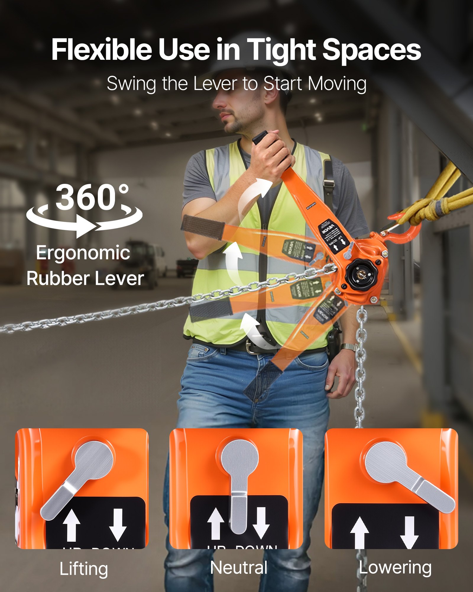 VEVOR Hendeltakel, 3 ton capaciteit, handkettingtakel, 6 m slag, hijstakel met G80 gelegeerd stalen ketting en mechanische dubbele palrem, 360° draaibare haken, rateltakel voor magazijn, bouw en garage.