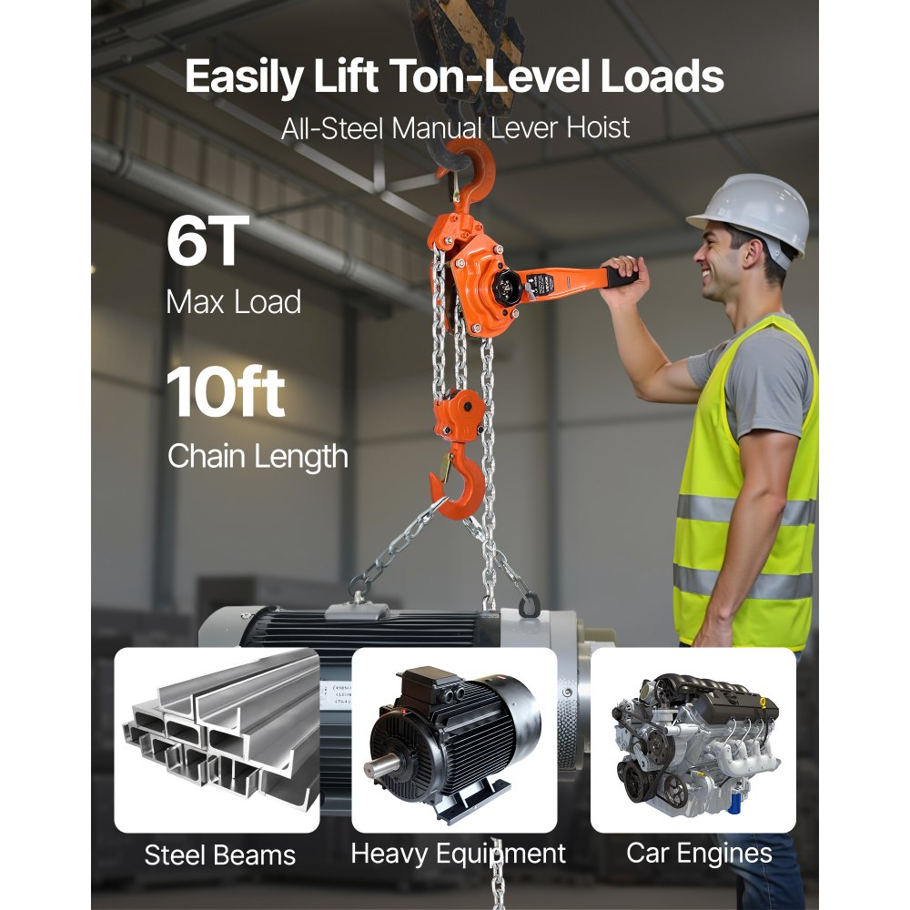 VEVOR Manual Lever Chain Hoist, 6T 6000KG Capacity Heavy Duty Come Along, 3M Lift G80 Alloy Steel Chain With Dual Pawl Mechanical Brake, 360° Rotating Hooks, for Warehouse Construction Garage