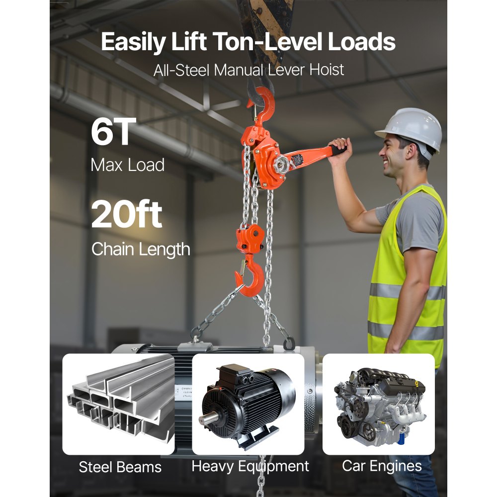 VEVOR Hefboomtakel, capaciteit 6 ton, handkettingtakel, 30 m hefvermogen, takel van G80 gelegeerd staal met mechanische dubbele palrem, rateltakel met 360° draaibare haken, voor magazijn, bouw en garage