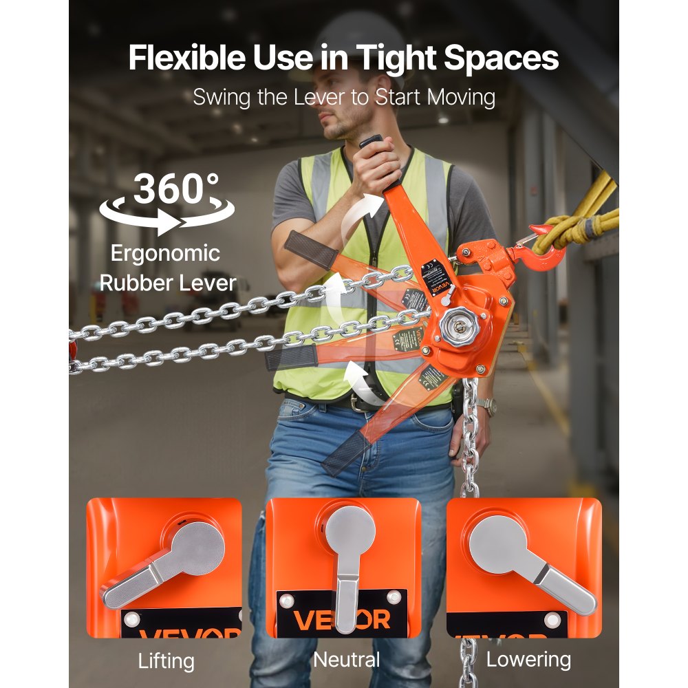 VEVOR Hefboomtakel, capaciteit 6 ton, handkettingtakel, 30 m hefvermogen, takel van G80 gelegeerd staal met mechanische dubbele palrem, rateltakel met 360° draaibare haken, voor magazijn, bouw en garage