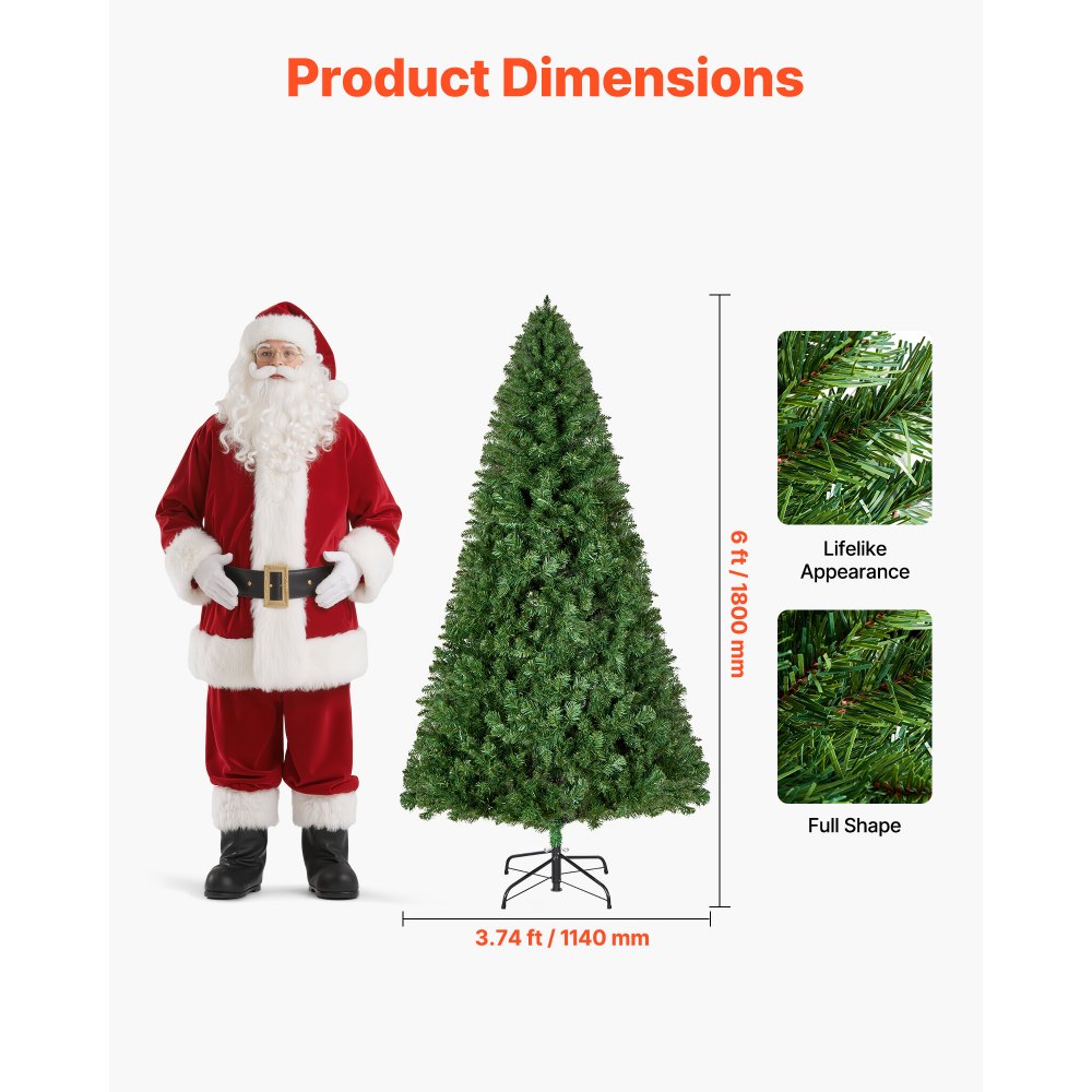VEVOR Kunstkerstboom, 1,8 m, PVC kerstboom, levensecht, met 1250 takpunten en stevige metalen standaard voor thuis, feest en kantoordecoratie