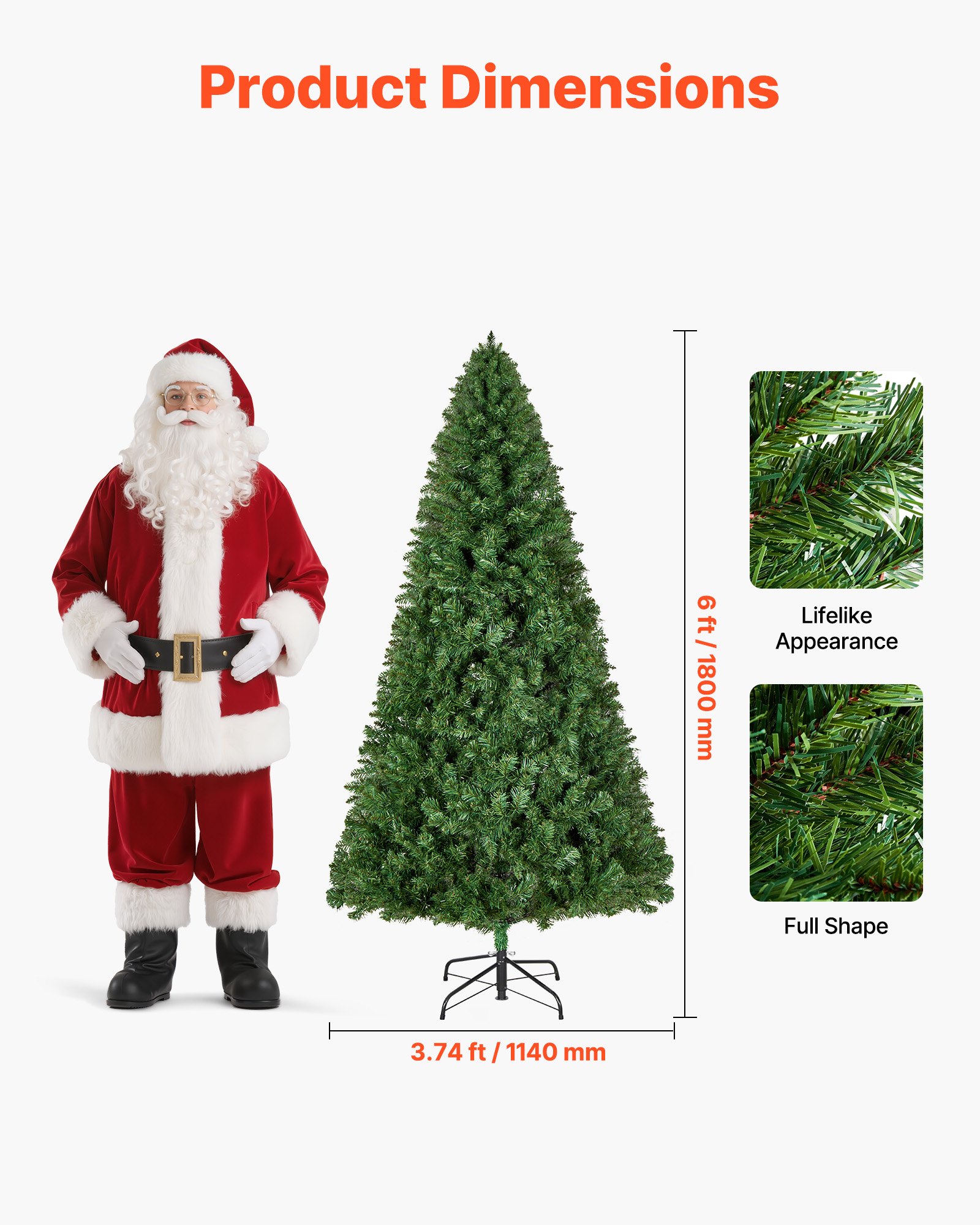 VEVOR Kunstkerstboom, 1,8 m, PVC kerstboom, levensecht, met 1250 takpunten en stevige metalen standaard voor thuis, feest en kantoordecoratie