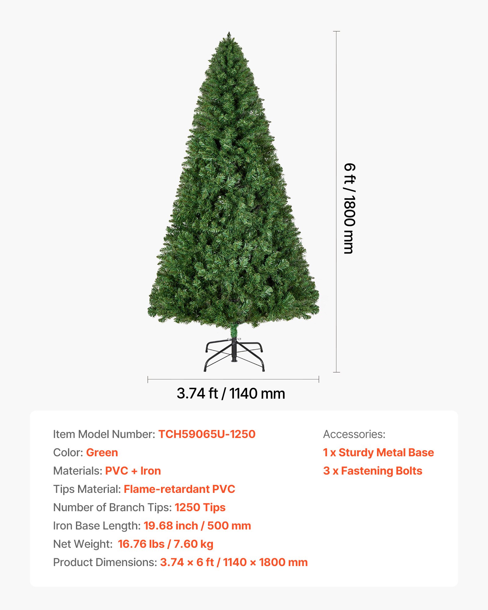 VEVOR Kunstkerstboom, 1,8 m, PVC kerstboom, levensecht, met 1250 takpunten en stevige metalen standaard voor thuis, feest en kantoordecoratie