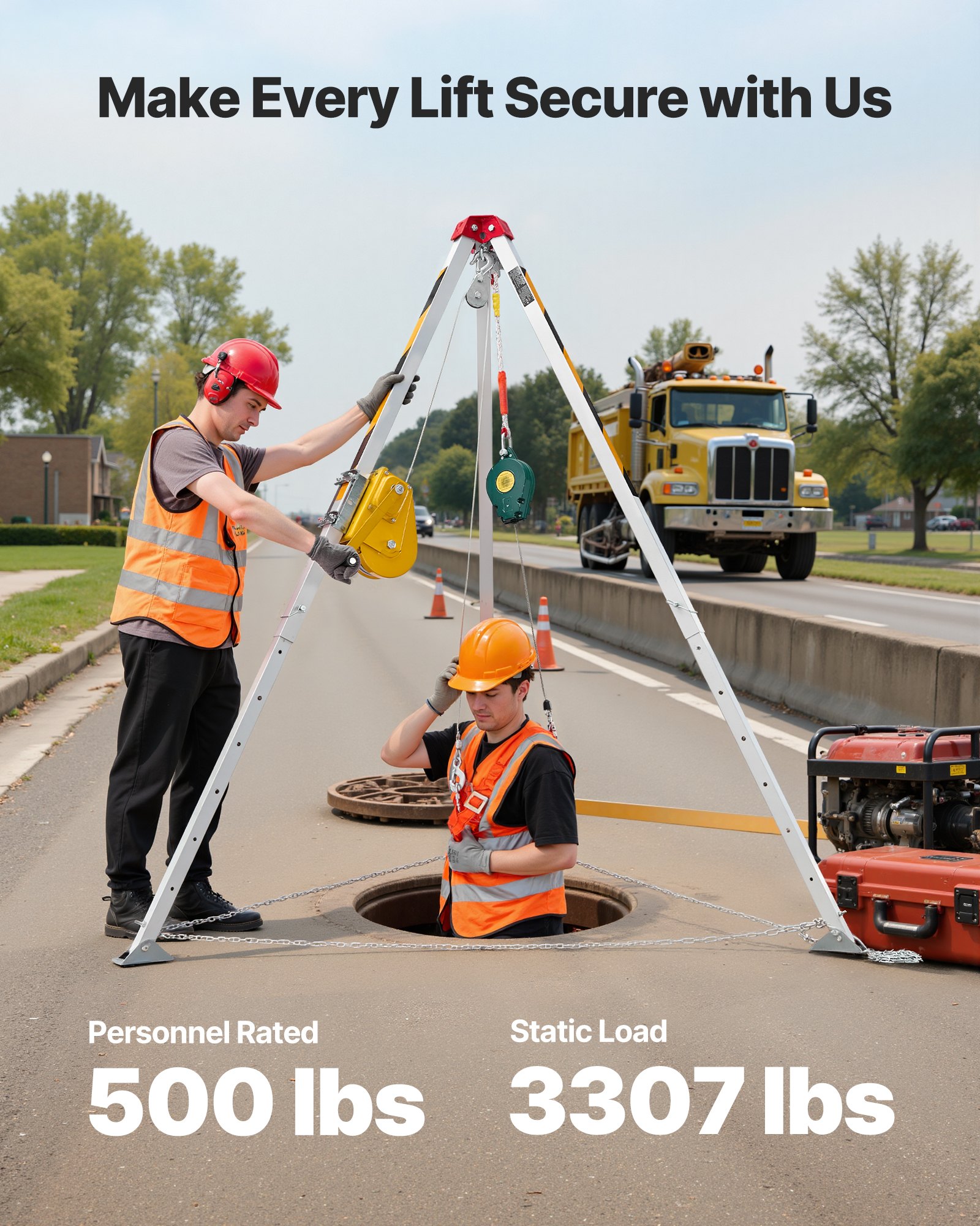 VEVOR statiefset voor besloten ruimtes, reddingstatief met hijsinrichting, lier van 1179 kg, reddingssysteem, 30 m kabel, reddingstatief met valbeveiliging, werkhoogte 1,6–2,45 m