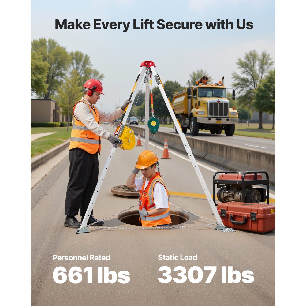 VEVOR Confined Space Tripod Kit, Heavy Duty Rescue Tripod Lifting Hoist 816 kg Winch, 1.25 m Adjustable Legs, 19.8 m Cable Portable Kit, 10 m Fall Protection, 1.34-2.15 m Working Height