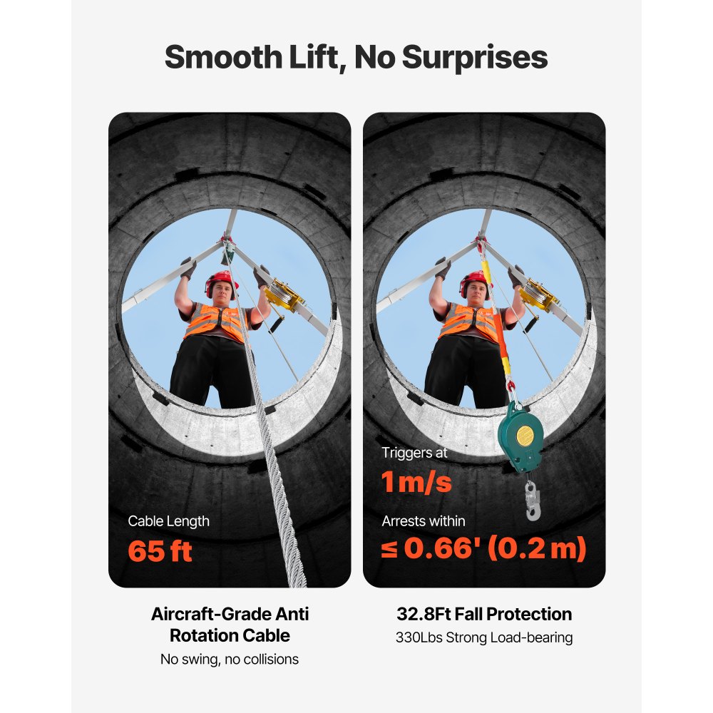 VEVOR Confined Space Tripod Kit, Heavy Duty Rescue Tripod Lifting Hoist 816 kg Winch, 1.25 m Adjustable Legs, 19.8 m Cable Portable Kit, 10 m Fall Protection, 1.34-2.15 m Working Height