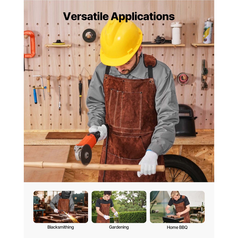 VEVOR Koeienleren lasschort, vlamvertragend beschermend schort, hittebestendig leren schort met 6 gereedschapszakken, werkschort voor houtbewerking, tuinieren, barbecue, 610x914mm