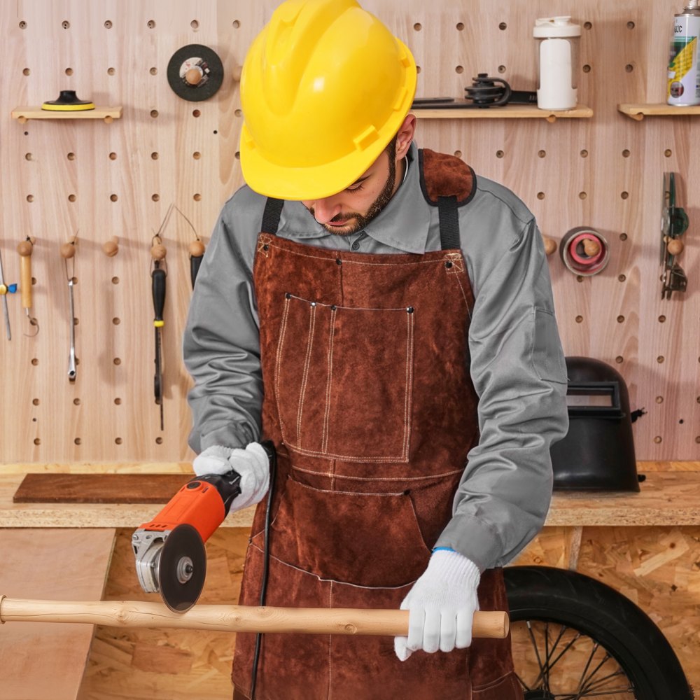 VEVOR Koeienleren lasschort, vlamvertragend beschermend schort, hittebestendig leren schort met 6 gereedschapszakken, werkschort voor houtbewerking, tuinieren, barbecue, 610x914mm