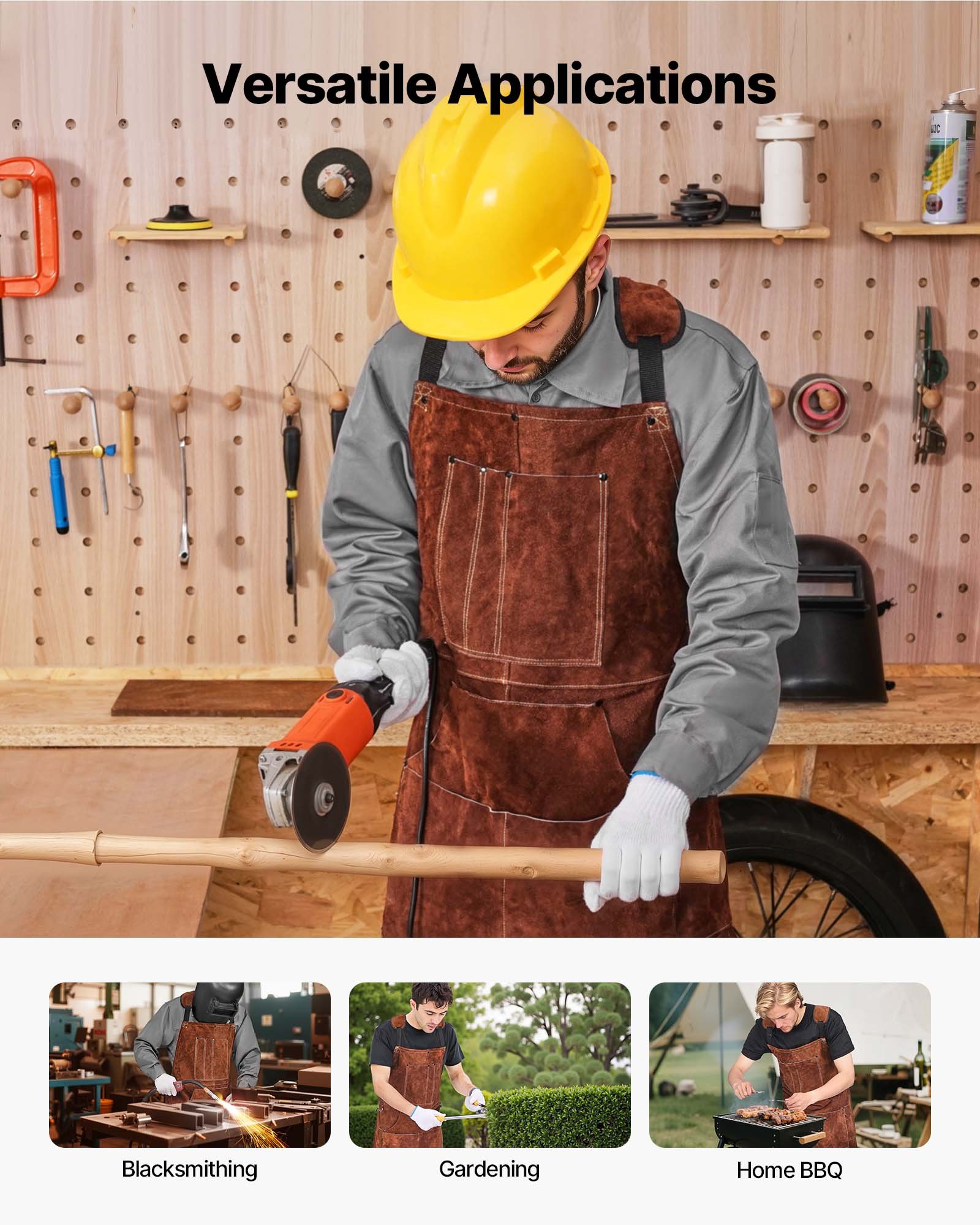 VEVOR Koeienleren lasschort, vlamvertragend beschermend schort, hittebestendig leren schort met 6 gereedschapszakken, werkschort voor houtbewerking, tuinieren, barbecue, 610x914mm