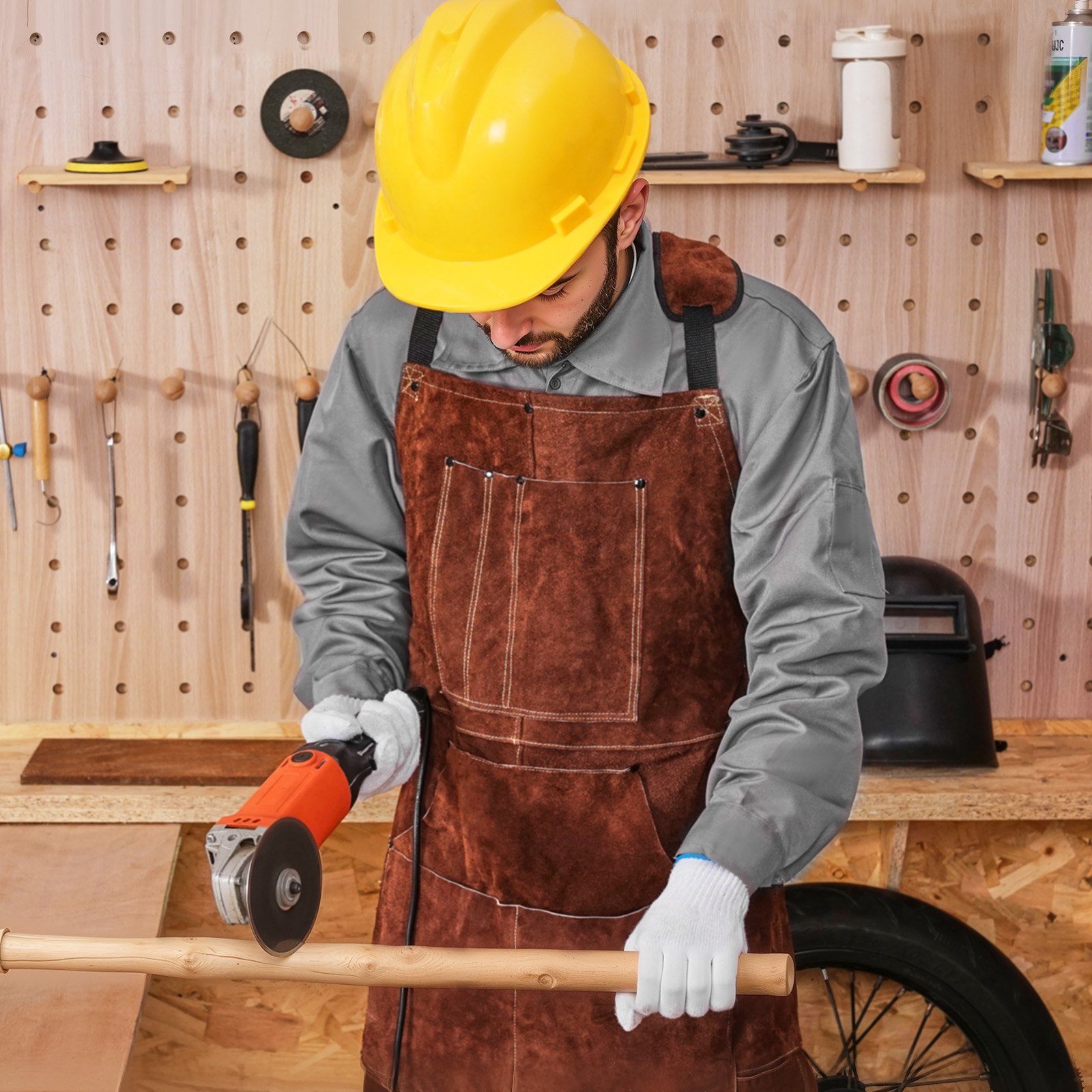 VEVOR Koeienleren lasschort, vlamvertragend beschermend schort, hittebestendig leren schort met 6 gereedschapszakken, werkschort voor houtbewerking, tuinieren, barbecue, 610x914mm