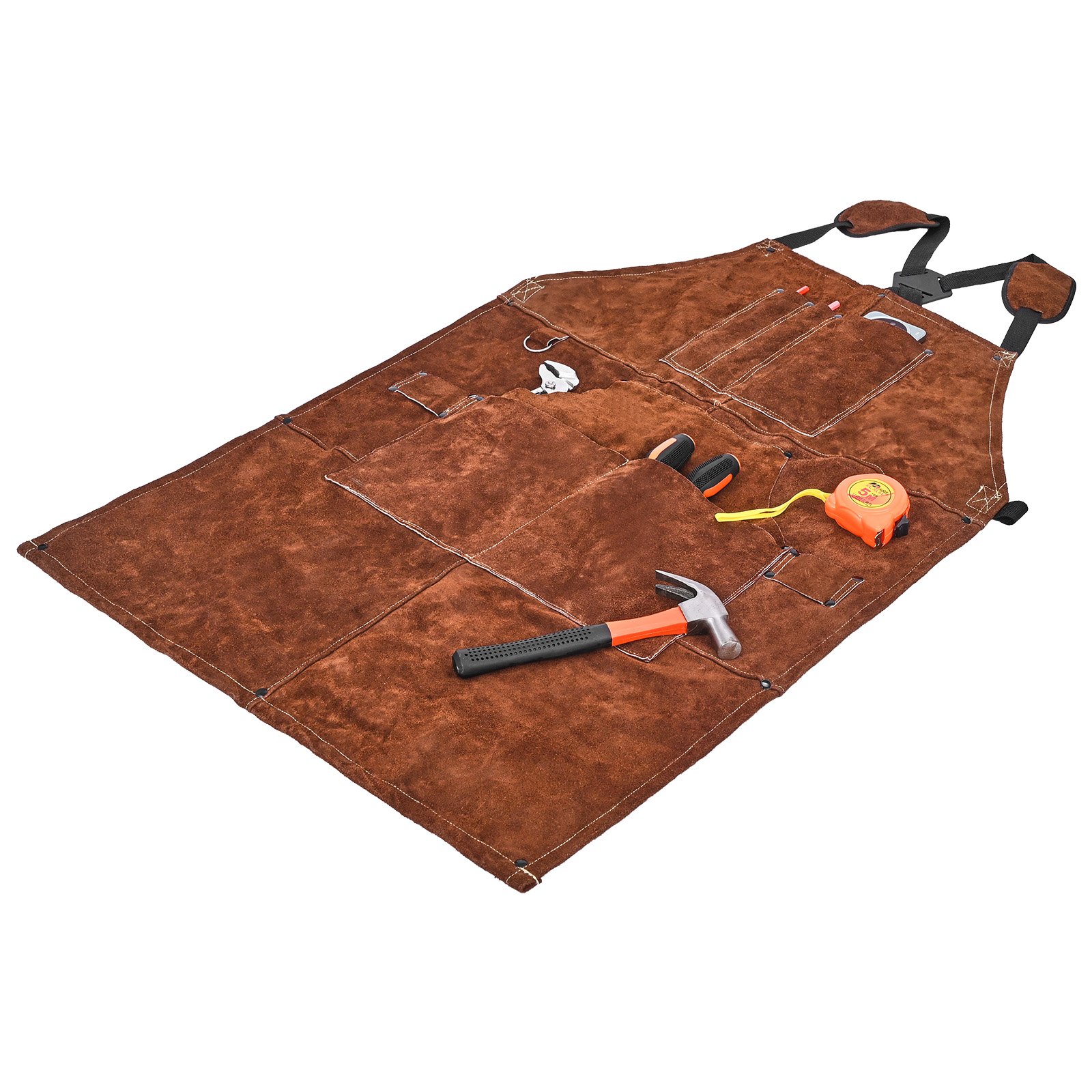 VEVOR Koeienleren lasschort, vlamvertragend beschermend schort, hittebestendig leren schort met 6 gereedschapszakken, werkschort voor houtbewerking, tuinieren, barbecue, 610x914mm