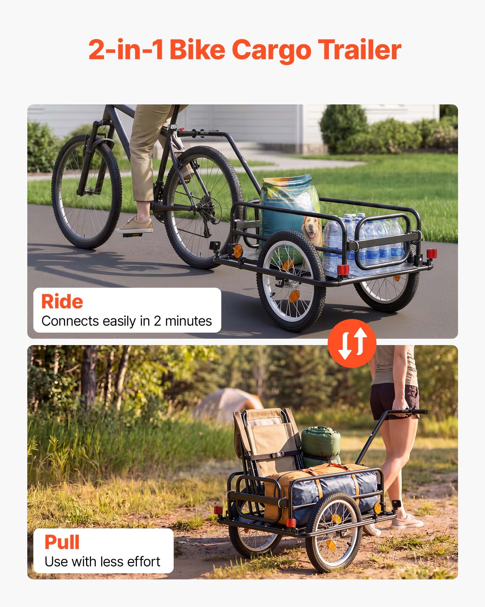 VEVOR Fietsaanhanger/vrachtwagen 2-in-1 handkar met koppeling 40 kg, koolstofstaal en 600D Oxford, met dissel, reflectoren, opvouwbaar ontwerp, voor wielen van 22-28 inch, fietskar voor transport