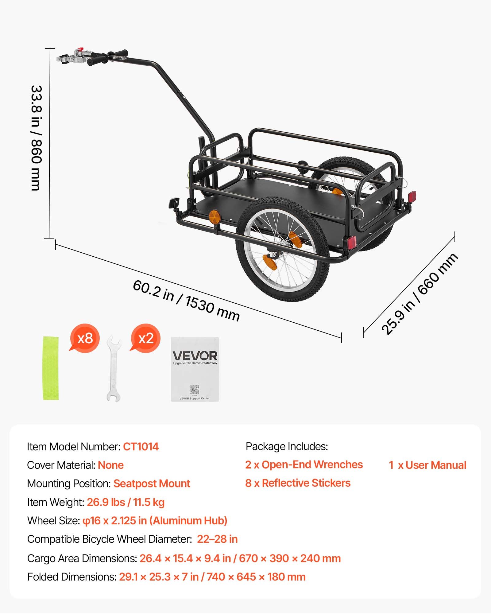 VEVOR Fietsaanhanger/vrachtwagen 2-in-1 handkar met koppeling 40 kg, koolstofstaal en 600D Oxford, met dissel, reflectoren, opvouwbaar ontwerp, voor wielen van 22-28 inch, fietskar voor transport