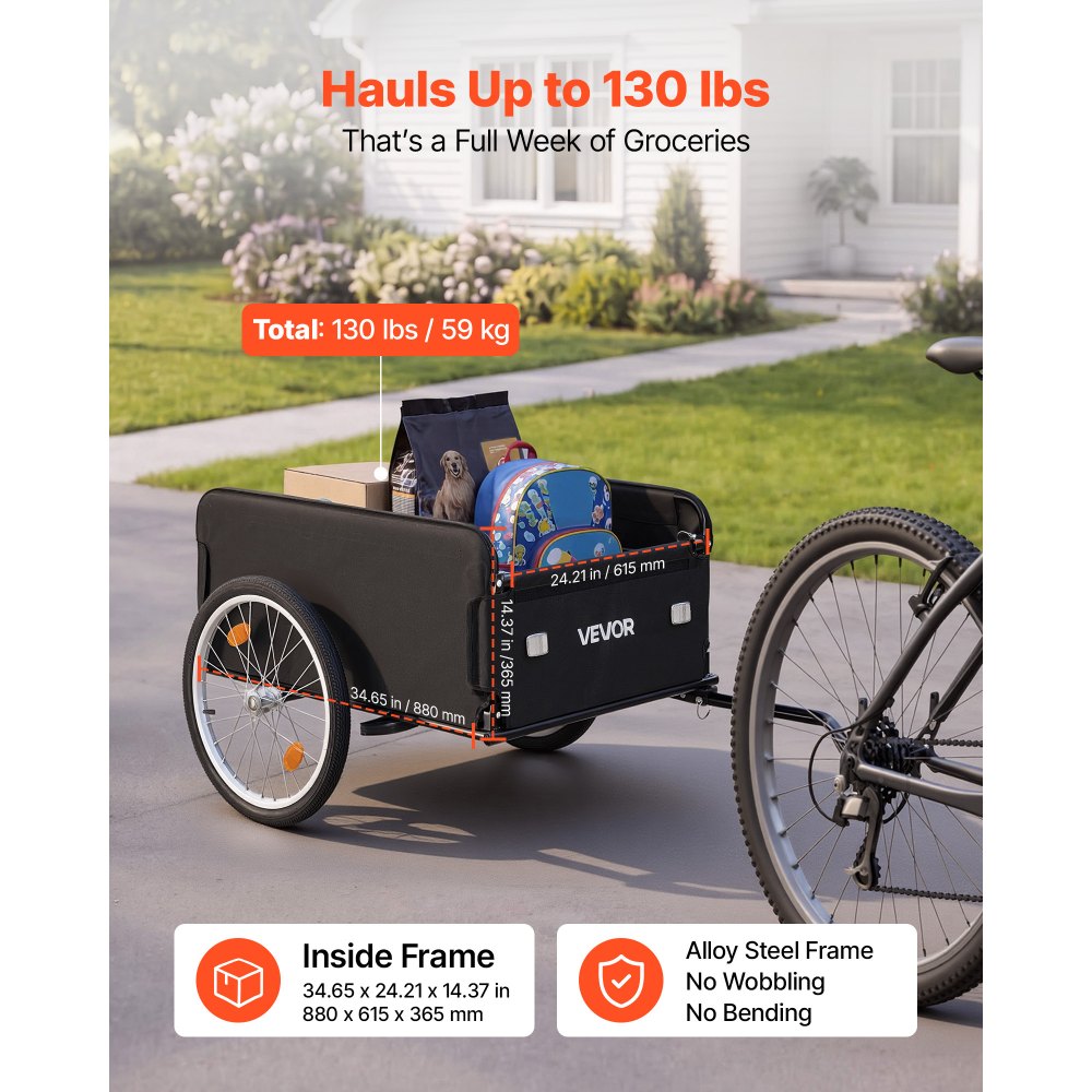 VEVOR Fietsaanhanger, opvouwbare transportaanhanger 59 kg, koolstofstaal en 600D Oxford, met regenhoes, dissel en 4 reflectoren, voor wielen van 22-28 inch, fietskar voor transport