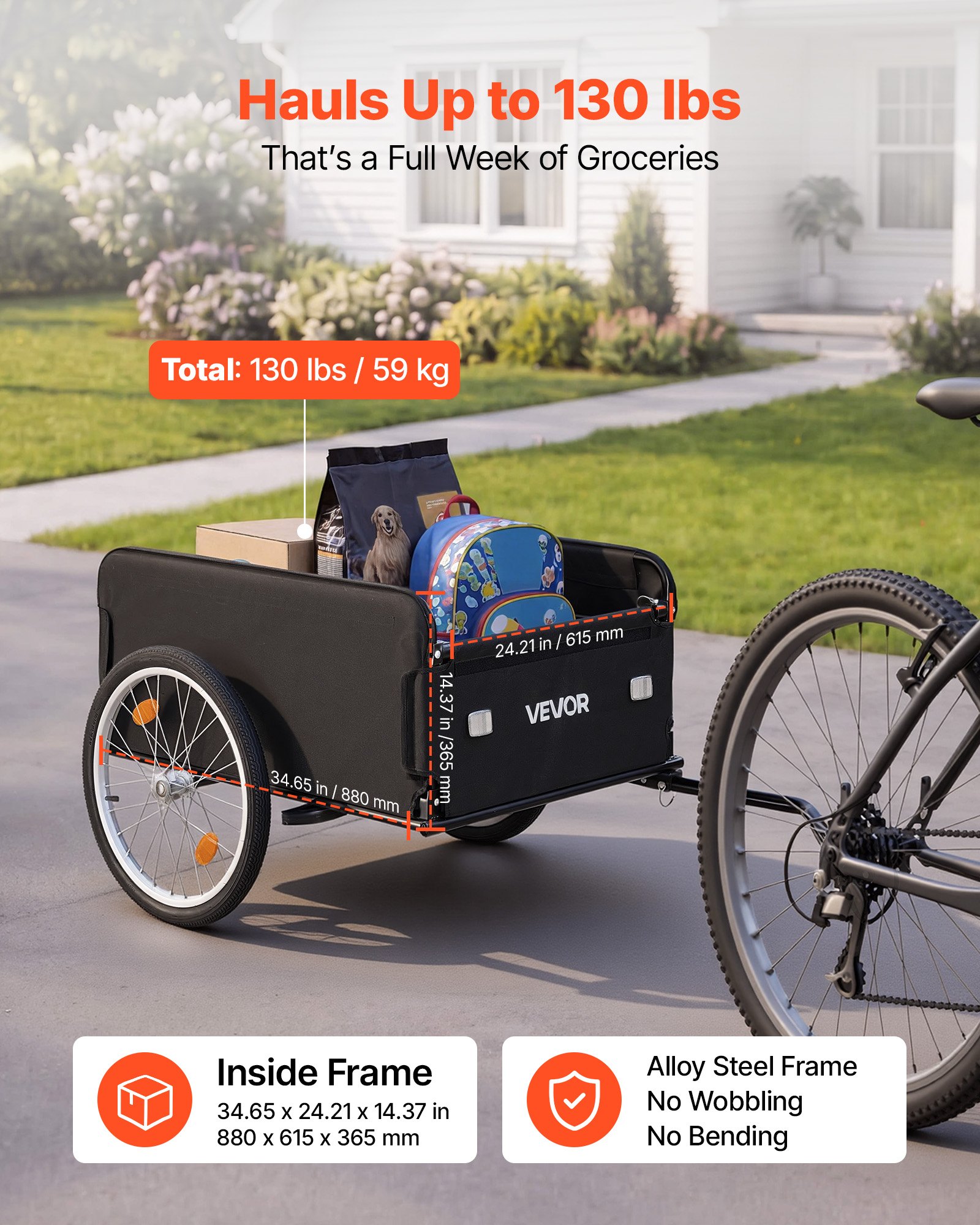 VEVOR Fietsaanhanger, opvouwbare transportaanhanger 59 kg, koolstofstaal en 600D Oxford, met regenhoes, dissel en 4 reflectoren, voor wielen van 22-28 inch, fietskar voor transport