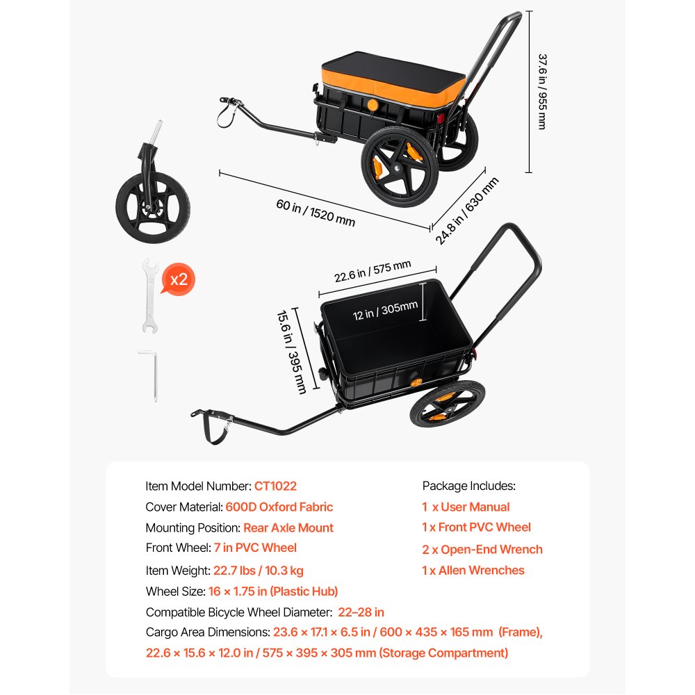 VEVOR Fietsaanhanger/vrachtwagen 2-in-1 handkar met koppeling 45 kg, koolstofstaal en 600D Oxford, met regenhoes, dissel en 6 reflectoren, voor wielen van 22-28 inch, fietskar voor transport