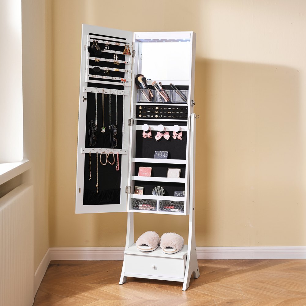 VEVOR Mirror Jewelry Cabinet, Standing Mirror with Storage, Lockable Jewelry Mirror Organizer with Full Length Mirror, Velvet Lining, Interior LED Light, Drawer, Freestanding Jewelry Armoire, White