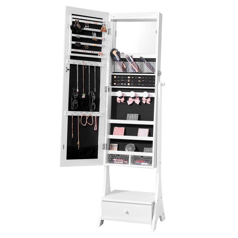 VEVOR Mirror Jewelry Cabinet Standing Mirror with Storage Full Length White