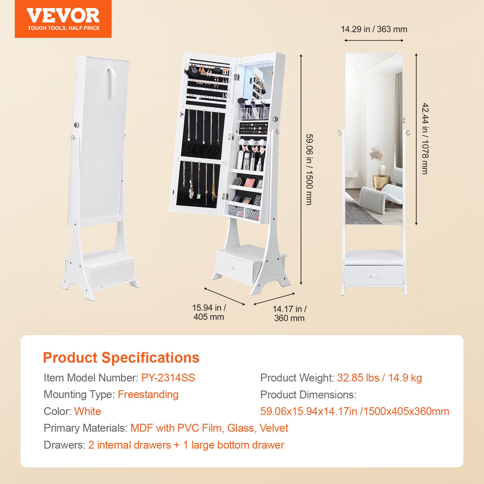 VEVOR Mirror Jewelry Cabinet, Standing Mirror with Storage, Lockable Jewelry Mirror Organizer with Full Length Mirror, Velvet Lining, Interior LED Light, Drawer, Freestanding Jewelry Armoire, White