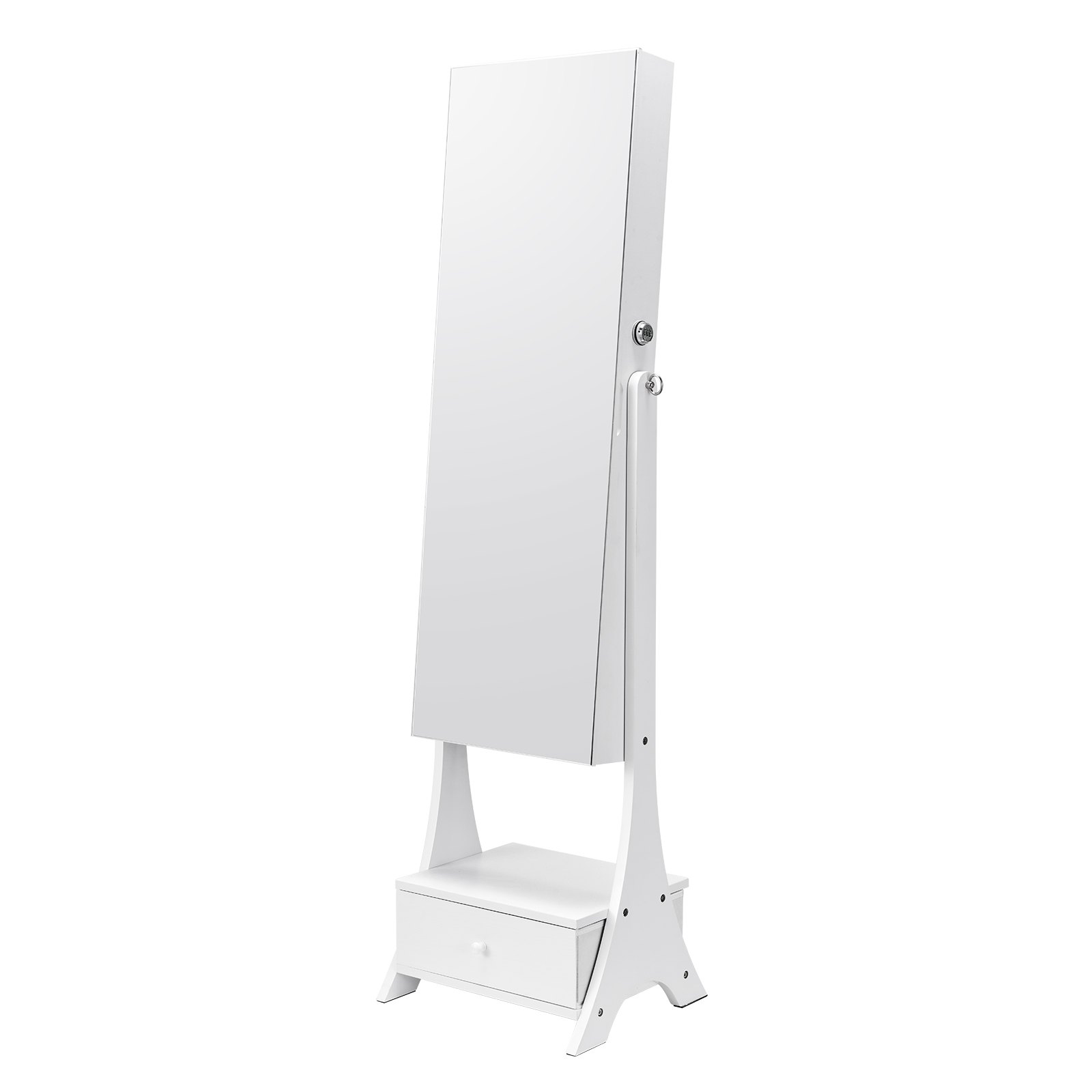 VEVOR Mirror Jewelry Cabinet, Standing Mirror with Storage, Lockable Jewelry Mirror Organizer with Full Length Mirror, Velvet Lining, Interior LED Light, Drawer, Freestanding Jewelry Armoire, White
