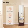 VEVOR Mirror Jewelry Cabinet, Standing Mirror with Storage, Lockable Jewelry Mirror Organizer with Full Length Mirror, Velvet Lining, Interior LED Light, Drawer, Freestanding Jewelry Armoire, Brown