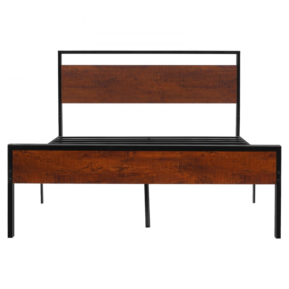 VEVOR Full Size Bedframe, Metalen Platform Bedframe met Retro Bruin Houten Hoofdeinde en Voeteinde, Grote Opbergruimte onder het Bed, Antislip, Geen Boxspring Vereist