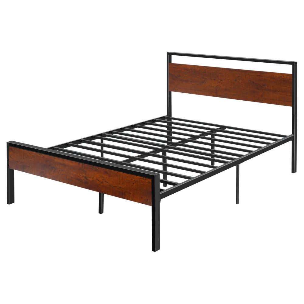 VEVOR Full Size Bedframe, Metalen Platform Bedframe met Retro Bruin Houten Hoofdeinde en Voeteinde, Grote Opbergruimte onder het Bed, Antislip, Geen Boxspring Vereist