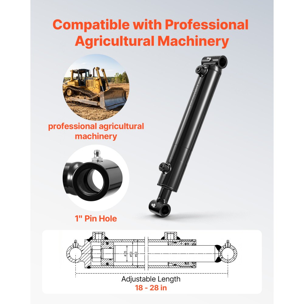 VEVOR dubbelwerkende hydraulische cilinder met 50,8 mm boring, 254 mm slag, tot 3500 psi, zwaar uitgevoerde gelaste cilinder met kruisbuis, 25,4 mm penopening en SAE-6 aansluiting voor landbouwmachines, zwart