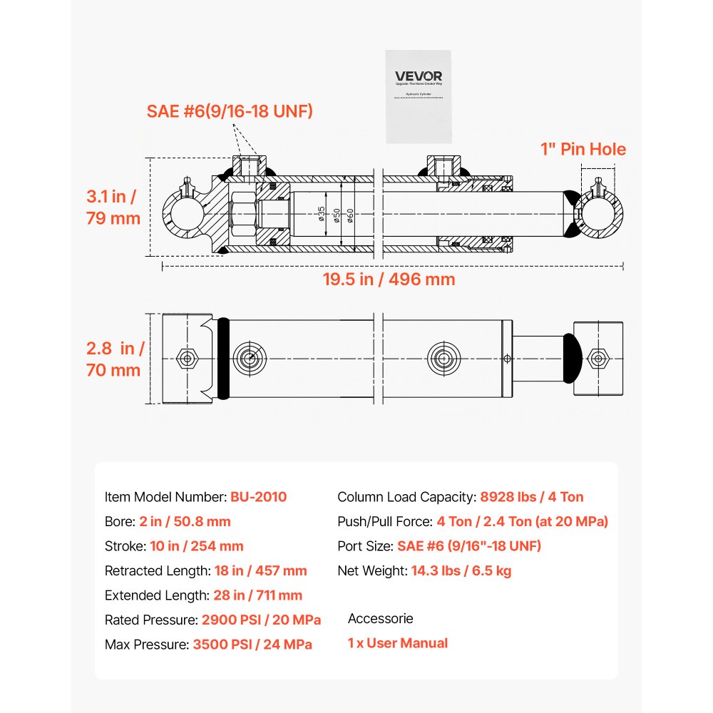 VEVOR dubbelwerkende hydraulische cilinder met 50,8 mm boring, 254 mm slag, tot 3500 psi, zwaar uitgevoerde gelaste cilinder met kruisbuis, 25,4 mm penopening en SAE-6 aansluiting voor landbouwmachines, zwart