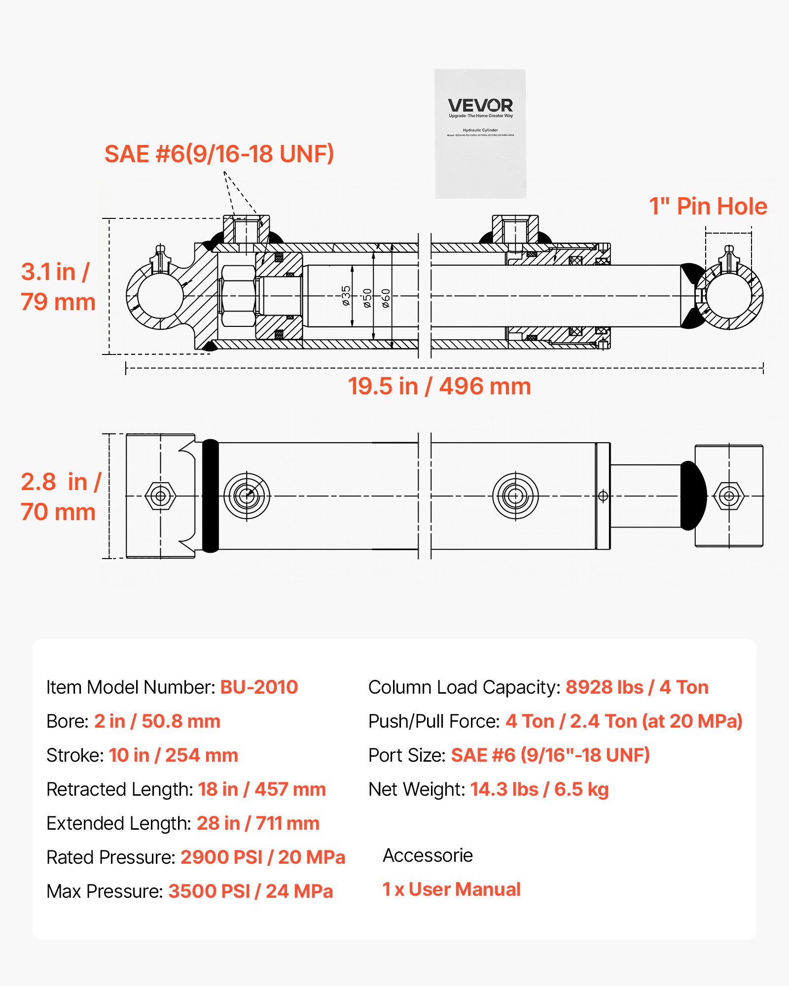 VEVOR dubbelwerkende hydraulische cilinder met 50,8 mm boring, 254 mm slag, tot 3500 psi, zwaar uitgevoerde gelaste cilinder met kruisbuis, 25,4 mm penopening en SAE-6 aansluiting voor landbouwmachines, zwart