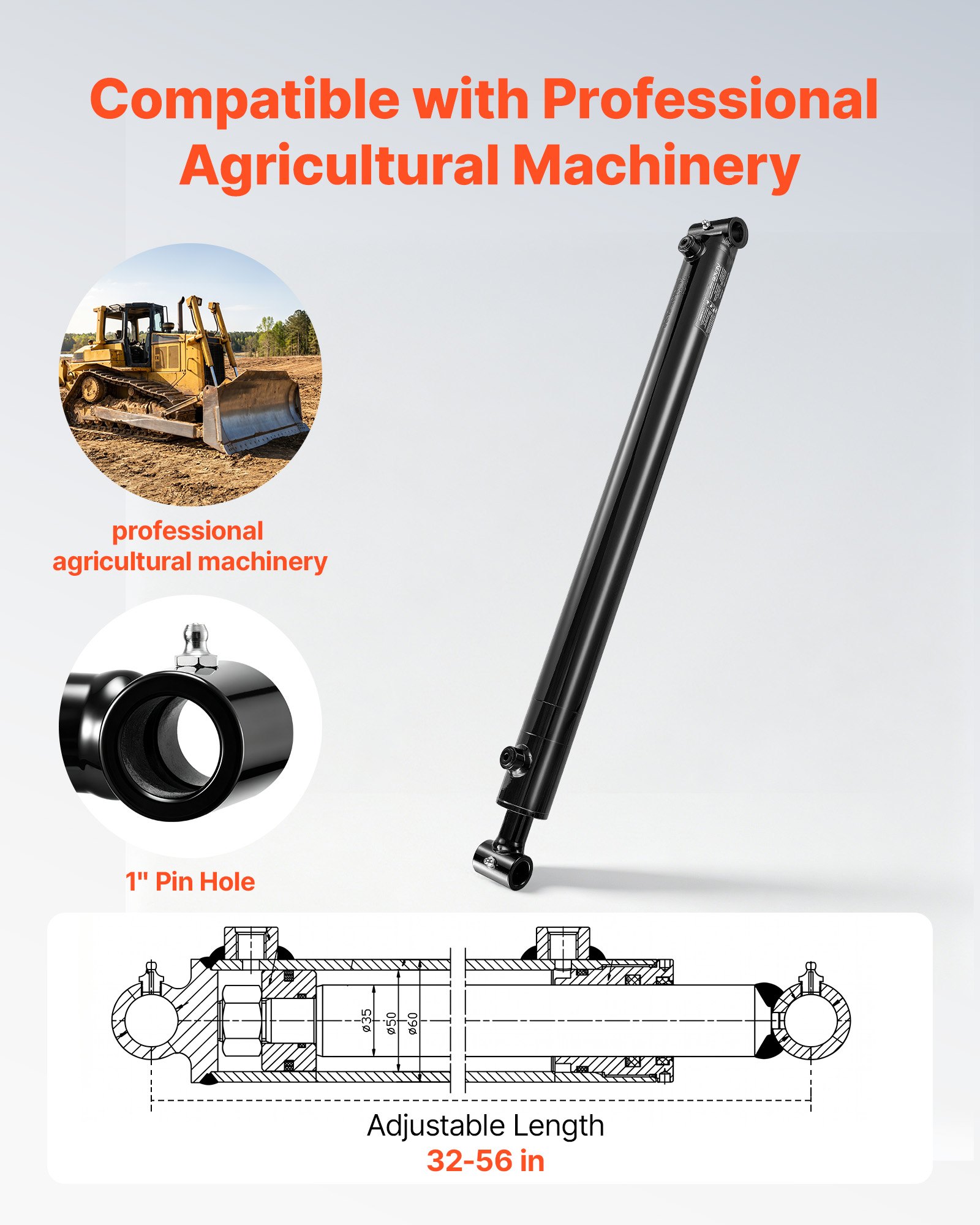 VEVOR dubbelwerkende hydraulische cilinder met een boring van 50,8 mm, een slag van 61 cm, tot 3500 psi, zware gelaste cilinder met dwarsbuis, 25,4 mm penopening en SAE-6 aansluiting voor landbouwmachines en tractoren.