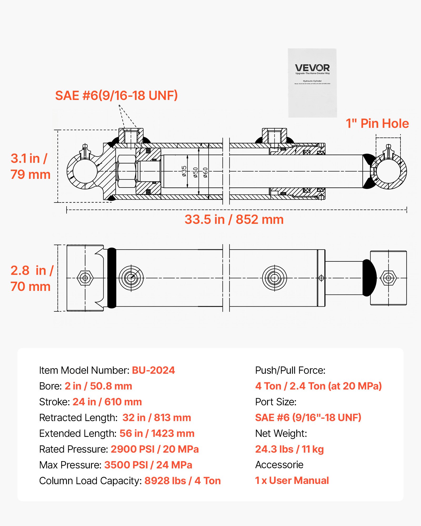 VEVOR dubbelwerkende hydraulische cilinder met een boring van 50,8 mm, een slag van 61 cm, tot 3500 psi, zware gelaste cilinder met dwarsbuis, 25,4 mm penopening en SAE-6 aansluiting voor landbouwmachines en tractoren.