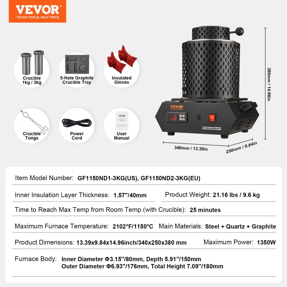 VEVOR Gold Melting Furnace, 1350W Electric Digital Smelting Furnace, 2102℉/1150℃ Electric Melting Furnace with 1kg and 3 kg Graphite Crucibles for Melting Gold, Silver, Copper, Aluminum