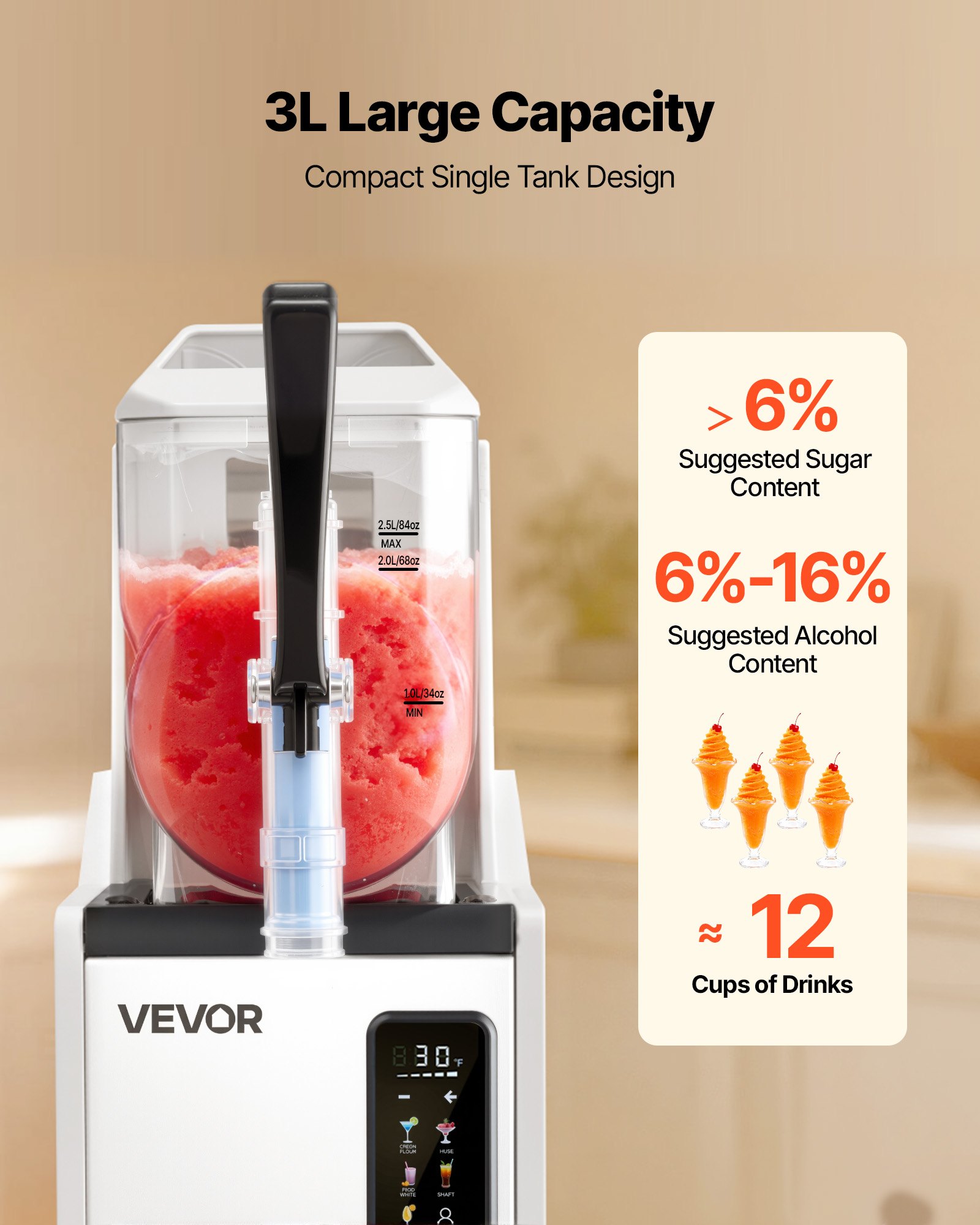 VEVOR Slushmachine 1 x 3 L, slush-ijsmaker 350 W (geen ijs nodig), elektrische margarita-machine met zelfreinigende functie, geschikt voor bevroren margarita's, frappés, milkshakes en shakes.