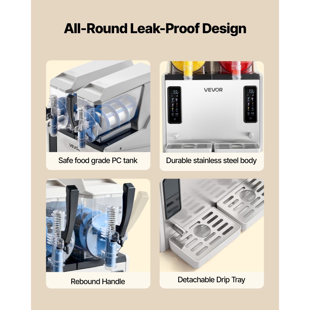 VEVOR Slushmachine 2 x 3 L, slush-ijsmaker 450 W (geen ijs nodig), elektrische margarita-machine met zelfreinigende functie, geschikt voor bevroren margarita's, frappés, milkshakes en shakes.