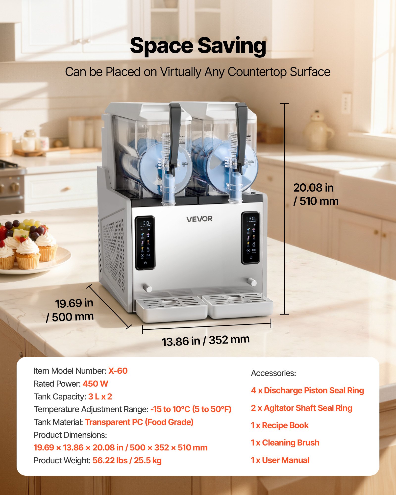 VEVOR Slushmachine 2 x 3 L, slush-ijsmaker 450 W (geen ijs nodig), elektrische margarita-machine met zelfreinigende functie, geschikt voor bevroren margarita's, frappés, milkshakes en shakes.