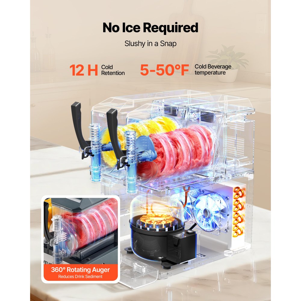 VEVOR Slushmachine 2 x 4 L, slush-ijsmaker 455 W (geen ijs nodig), elektrische margarita-machine met zelfreinigende functie, geschikt voor bevroren margarita's, frappés, milkshakes en shakes.