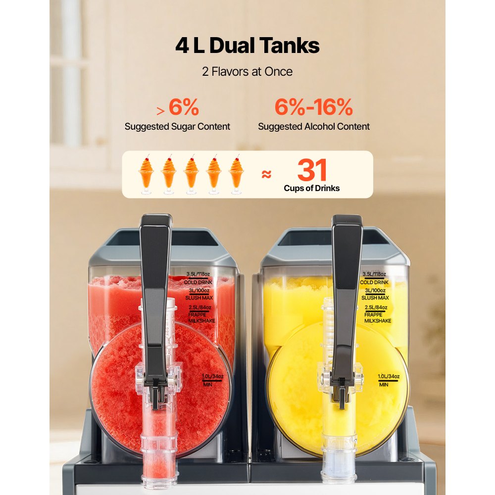 VEVOR Slushmachine 2 x 4 L, slush-ijsmaker 455 W (geen ijs nodig), elektrische margarita-machine met zelfreinigende functie, geschikt voor bevroren margarita's, frappés, milkshakes en shakes.